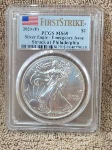 lot 35 image: 2020-P Silver Eagle - Emergency Issue - First Strike silver $1 PCGS MS69