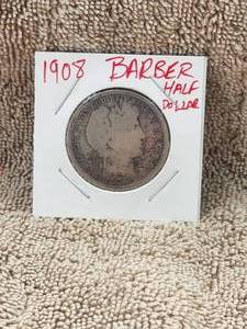 lot 99 image: 1908 Barber silver half dollar