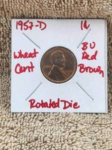lot 114 image: 1957-D - Red, Brown-Rotated Die - Wheat cent