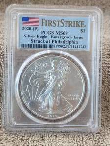 lot 130 image: 2020-P Silver Eagle - Emergency Issue - First Strike silver $1 PCGS MS69