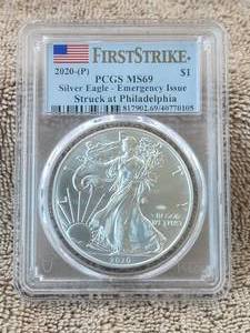 lot 150 image: 2020-P Silver Eagle - Emergency Issue - First Strike silver $1 PCGS MS69