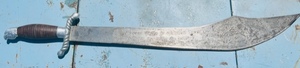 lot 29 image: Antique Spanish 28 Cutlass W Spanish Words and Designs Engraved on Sword