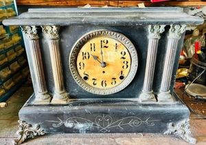 lot 59 image: Antique Black Mantle Clock W Amazing Gearwork