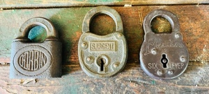 lot 107 image: Three AntiqueVintage Brass Padlocks- Corbin, Sargent, &amp Fraim