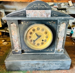 lot 131 image: Antique Heavy Wood and Marble Mantle Clock