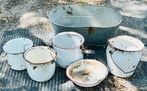 lot 195 image: Five Antique Red &amp White Enamel or Porcelain Over Metal Pans W 26x 16 Wash Tub