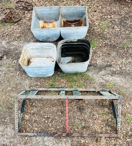 lot 201 image: Two AntiqueVintage Wash Tubs W Drains &amp Corrigated Metal Double Sink With Drains And Metal Wall Mount