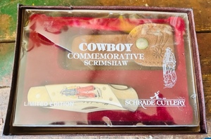 lot 218 image: Schrade Limited Edition Cowboy Commemorative Scrimshaw Knife