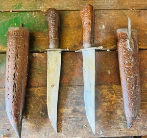 lot 223 image: Two 5 12 Daggers From India W Hand-Carved and Crafted Wood &amp Brass Handles And Sheaths