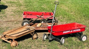 lot 247 image: Four Antique Vintage Wagons- Includes Radio Flyer &amp Radio Super