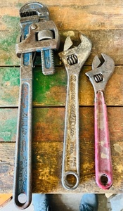 lot 308 image: Vintage Dunlap 18 Pipe Wrench, 12 Diamalloy Crescent Wrench,& One Unbranded Crescent Wrench