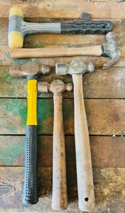 lot 309 image: Three Ball Pean Hammers, Regular Wooden Hammer, and Rubber Mallet