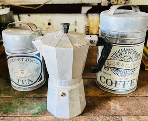 lot 412 image: Vintage Coffee & Tea Tins w Vintage Single Cup Stove Top Perculator