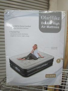 lot 114 image: OLARHIKE DOUBLE HIGH AIR MATTRESS W FLOCKED TOP, IN BOX, QUEEN