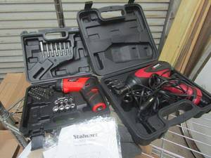 lot 112 image: STALWART 3.6V LITHIUM SCREWDRIVER W BITS SOCKETS & CASE, WAGAN TECH 12V DC 12 IMPACT WRENCH FOR TIRE REPAIR IN CASE