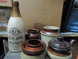 lot 67 image: 1879 OLD JUG WHISKEY BOTTLE, ANTIQUE CERAMIC POTS
