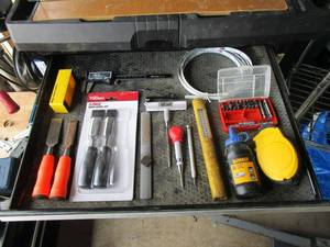 lot 223 image: MISC. TOOLS, CHISELS, CALIPER, BLUE CHALK LINE W CHALK, PUNCH TOOLS, MEASURING, BLACK & DECKER BITS IN CASE