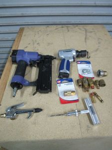 lot 234 image: KOBALT AIR HAMMER, CENTRAL PNEUMATIC AIR BRAD NAILER, COUPLERS, PLUGS, TUBELESS TIRE REPAIR TOOL