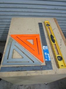 lot 242 image: JOHNSON 12 METAL SPEED SQUARE, SWANSON 12 SPEED SQUARE, STANLEY 24 LEVEL, EMPIRE 16 x 24 STEEL FRAMING SQUARE