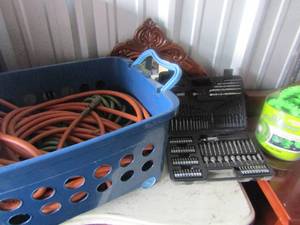 lot 73 image: Black and decker drill bit set, 2 air hoses and 1 flexible water hose