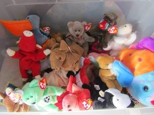 lot 52 image: Plastic tote full of open ty bears, dogs, fish, turkeys and more