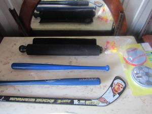 lot 54 image: Dodgers and Angels mini wooden bats qty 2, hanging fabric dart board with darts