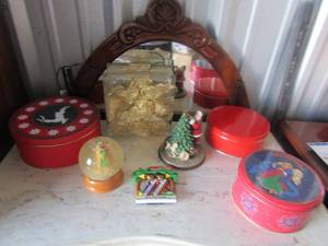 lot 92 image: X mas tin cans qty 3, angel snow globe, centennial collectable, clear glass light up cube