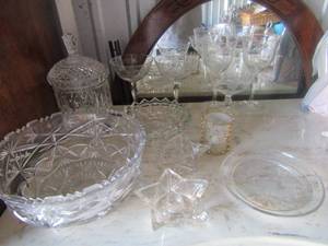 lot 99 image: Wine glasses, salad bowls, crystal covered candy dish, and more