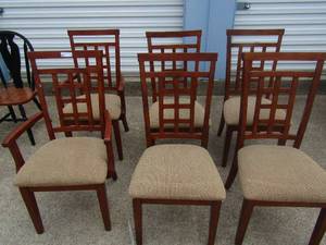 lot 18 image: 6 LATTICE BACK DINING CHAIRS - 2 CAPTAINS & 4 SIDE CHAIRS  DARK BROWN W CREAM SEATS   X $$