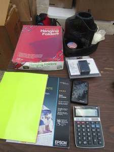 lot 144 image: Office supply lot -  hanging file folders, colored printer paper, caculator