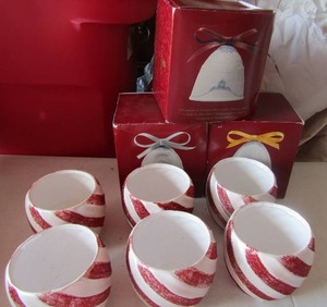 lot 166 image: BELLS  X 3  &  6 red and white peppermint stripe mini glasses