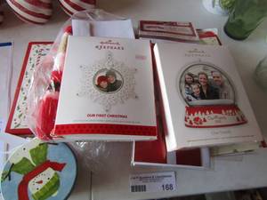 lot 168 image: HALLMARK Keepsake Family Ornaments, box of christmas cards,, CLOTH ORNAMENTS  and more