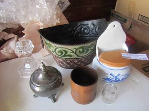lot 174 image: Metal basket, crystal candle holder, creamer dish