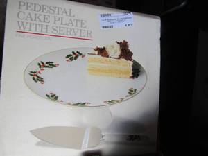 lot 187 image: Pedestal cake plate with serving pieces