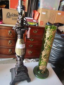 lot 202 image: GREEN Glass vase with yellow dcor,  Black metal lamp W STONE CENTER