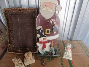 lot 219 image: Double handled Wicker Basket,  Santa  stand 23 tall, SMALL DECOR PIECES