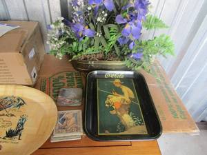 lot 225 image: Coca Cola Tray W  BOY FISHING 1935 Norman Rockwall 13 X 11  Wooded serving tray from Jamaica   16 x 12 , purple flower pot