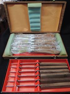 lot 249 image: STEAK KNIVES - 2 SETS   SET OF WOOD HANDLED  JAPAN IN CASE (NEW)   & SET OF 6 IN BOX