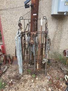 lot 201 image: Selection of chains, binders, hooks, log straps, and etc.