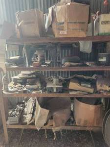 lot 228 image: Metal shelf with contents