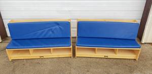 lot 52 image: Set of 2 Wooden JonTi Craft Padded Benches w Storage, Each Measure 23 tall x 42 wide x 18 deep