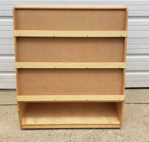 lot 66 image: Wooden 3 Level Book Display w Under Storage, Measures 41 tall x 36 wide x 14 deep
