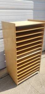 lot 72 image: Wooden Rolling 14 Compartment File Cabinet w Pull-Out Trays, Measures 49 tall x 26 wide x 20 deep