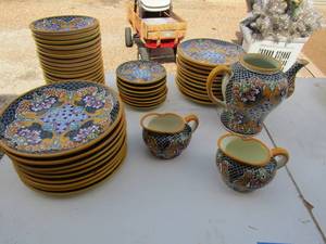 lot 11 image: Talavera Maxima Huerta Amazon Puebla MEXICO dish set,  gravy boats qty 2,   11 dinner plates qty 9,  9 salad plates qty 11,  soup bowls  QTY 8 , 6dessert plates qty 8  HABDMADE X $$