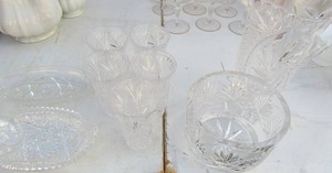 lot 22 image: Star of David crystal, handled Pitcher, glasses and more
