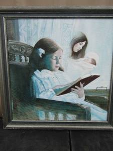 lot 19 image: Framed canvas art piece by Daniel Louis 1919 child and mother