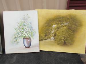lot 27 image: painted canvas with floral arrangement by Jamie Reschke 2016,- sue Rayburn painting of trees mad waterfall 2420