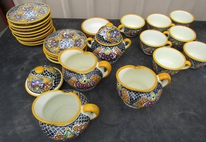 lot 40 image: Talavera Maximo Huerta amazon pueblo Mexican dishes, 7 cups, 13 saucers, 3 CREAMERS, Sugar BOWL  25 PCS
