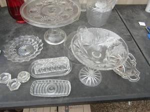 lot 46 image: crystal lot, cake plate, napkin holder, butter dish
