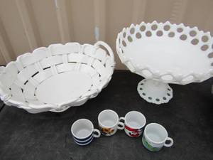 lot 51 image: coffee cups, milk glass bread basket, milk glass fruit stand